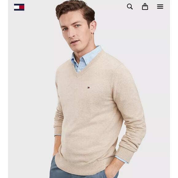 Tommy Hilfiger Men’s Essential V-Neck Sweater Size XL Semolina Heather NWT - Picture 1 of 11